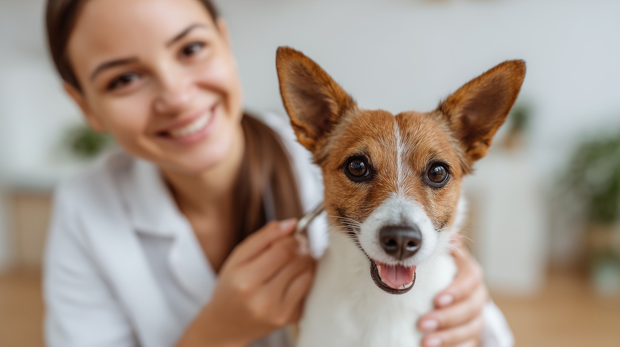 Veterinarian examining a happy dog with a stethoscope
